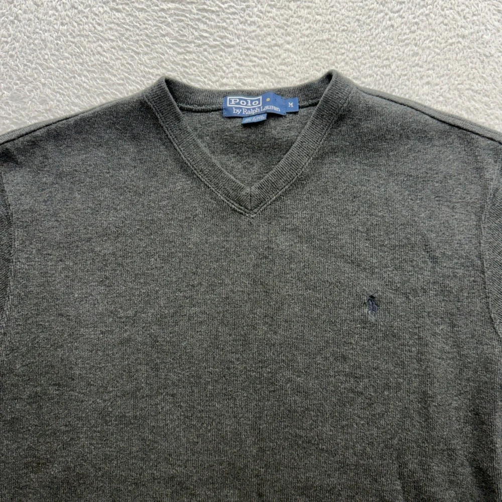 Polo Ralph Lauren Mens V-Neck Sweater Charcoal Gray 100% Cotton Size Medium